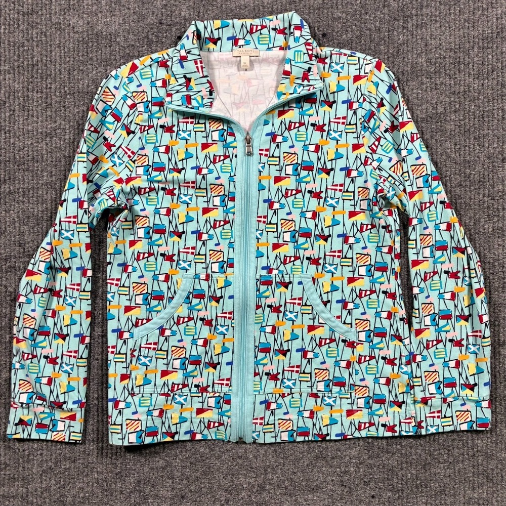 Talbots Petites Womens Jacket SP Blue Nautical Flags Print Zip Front Stretch